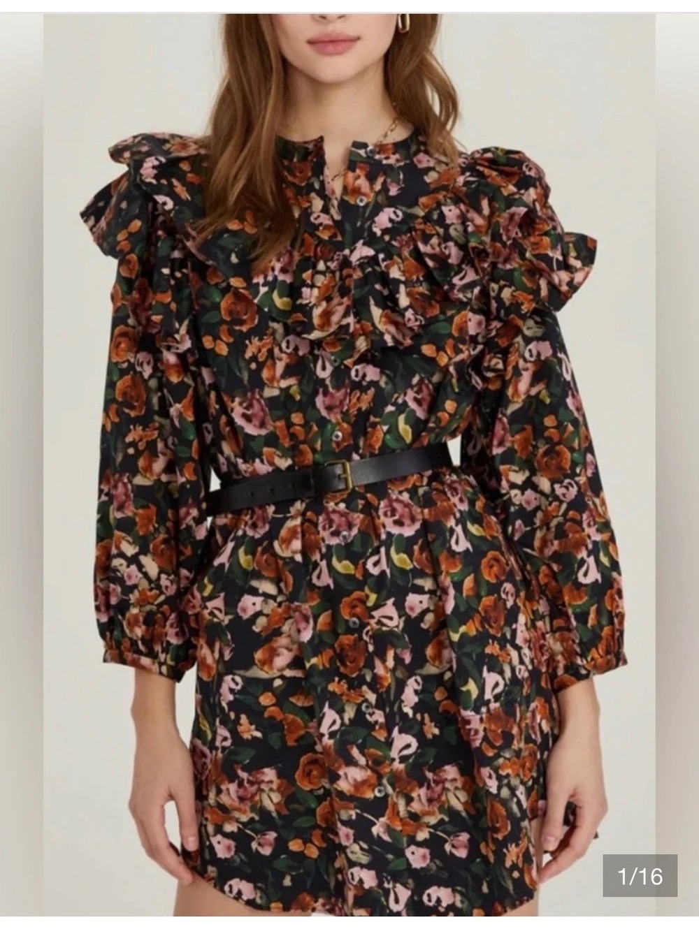 SOMETHING NAVY Dark Floral Ruffle Mini Dress Tunic Small DARK ROMANCE